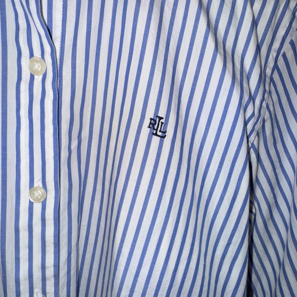 Women’s Lauren Ralph Lauren White and Blue Vertical Stripe Button-Up Shirt - Picture 2 of 4